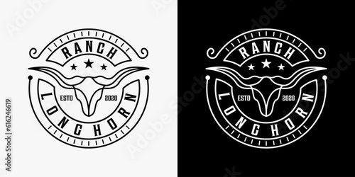 Longhorn Buffalo Bull Cattle Livestock Farm Ranch Vintage Label Stamp Logo Design