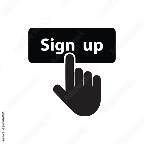 black simple finger presses on sign up button. concept of click here like abstract ui symbol and new registration on web site. flat style trend modern logotype graphic design on white