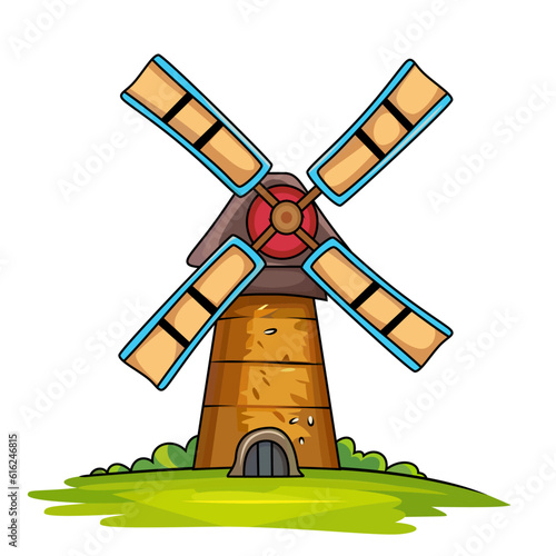 Cartoon wind mill vector illustration, wind mill turbine , post mill , wind charger , rotating wheel vector image, colored and black and white line art stock vector