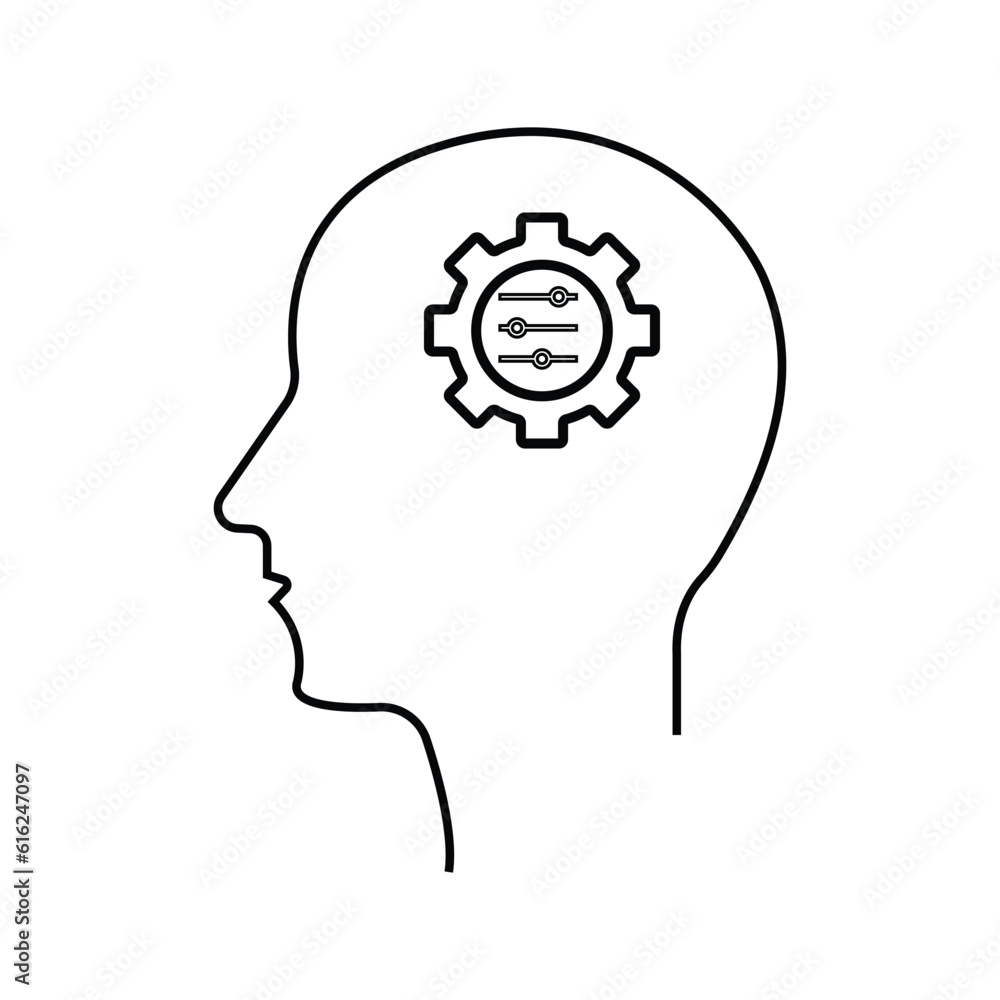 Black isolated outline icon of head of man and cogwheel on white background. Line icon of head and gear wheel. Black isolated outline icon of head of man and cogwheel on white background. Line icon of head and gear wheel.