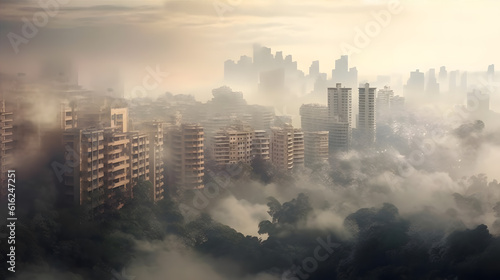 Urban landscape covered in layers of smog  revealing the harmful effects of air pollution