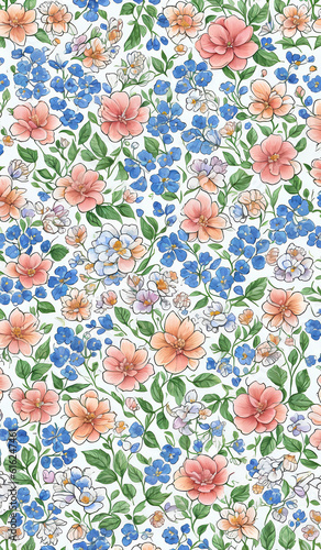 Pattern of pink and blue flowers in a watercolor style. AI