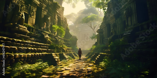 Exploring an Ancient Temple, bathed in golden light, amidst lush greenery,