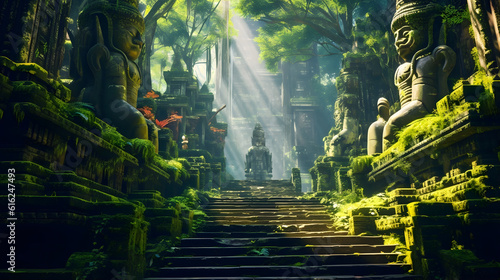 Exploring an Ancient Temple, bathed in golden light, amidst lush greenery,