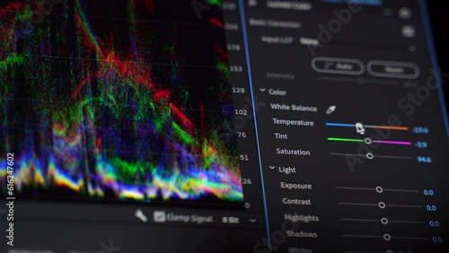 Work in the program for video editing on personal computer or laptop close up. Navigation in a computer program. Cursor movement. Work in the home office.