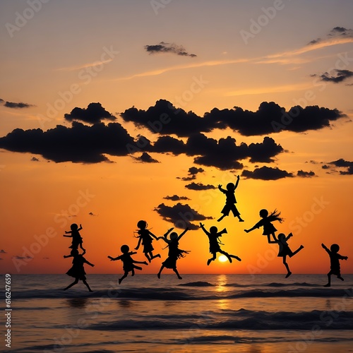 Silhouettes of children jumping in the air at sunset.