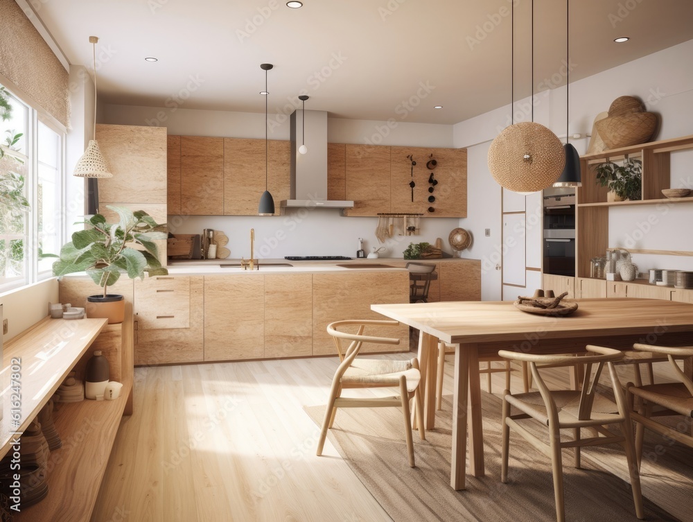 Contemporary wooden dining room and kitchen. Generative AI Contemporary wooden dining room and kitchen. Generative AI