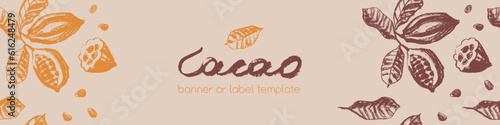 Chocolate banner template with cocoa beans pattern seamless with cacao bean hand drawn illustrations. Chocolate packaging design, cocoa powder label, organic cacao butter backdrop. Cocoa cosmetics.