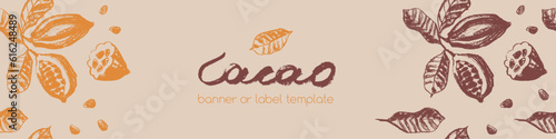 Chocolate banner template with cocoa beans pattern seamless with cacao bean hand drawn illustrations. Chocolate packaging design, cocoa powder label, organic cacao butter backdrop. Cocoa cosmetics.