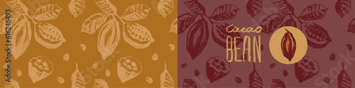 Vector Cocoa fruits pattern seamless with cocoa bean hand drawn illustrations. Cacao beans wallpaper for chocolate packaging design, cocoa powder label, organic cacao butter backdrop. Cocoa cosmetics.
