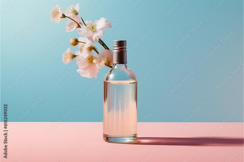 clear gin wine bottle mock up in a curated whimsical studio setting with natural light and shadows and botanical flower elements clear gin wine bottle mock up in a curated whimsical studio setting with natural light and shadows and botanical flower elements