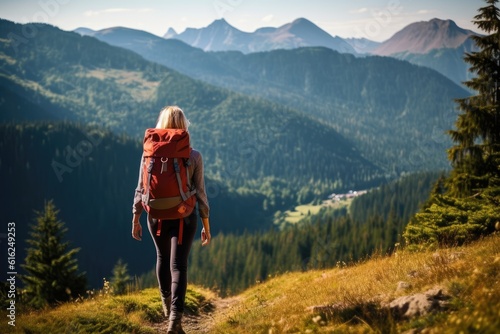 portrait of woman with backpack enjoying hiking. AI Generative © dark_blade