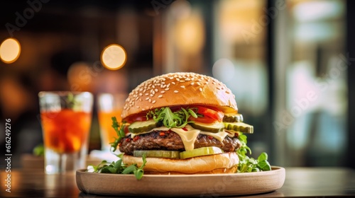 gourmet beef cheeseburger on plate in restaurant  created with Generative AI