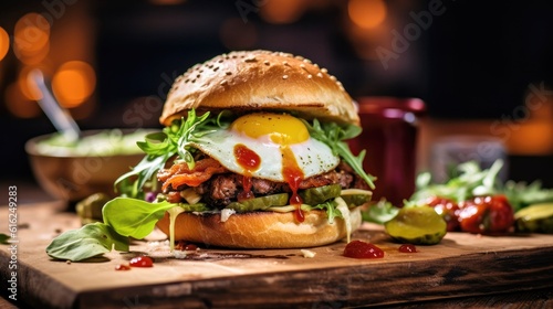 gourmet beef cheeseburger with egg on wooden cutting board in restaurant  created with Generative AI