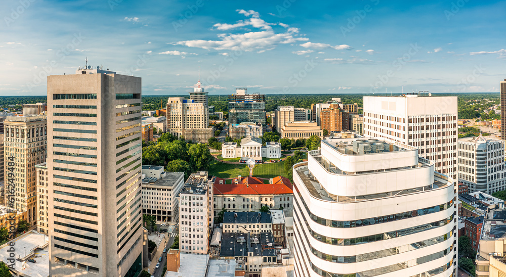 Aerial view of Richmond, Virginia, at sunset. Richmond is the capital city of the Commonwealth of Virginia. Manchester Bridge spans James River