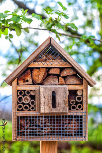 Wooden insect house in summer green garden. Small shelter for wild insects in public park in town © dmf87