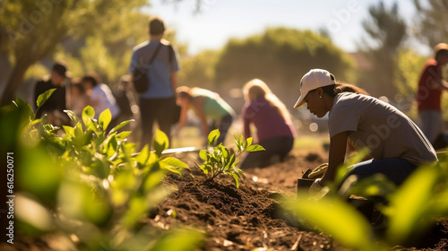 Community garden volunteers planting and gardening. AI generated photo