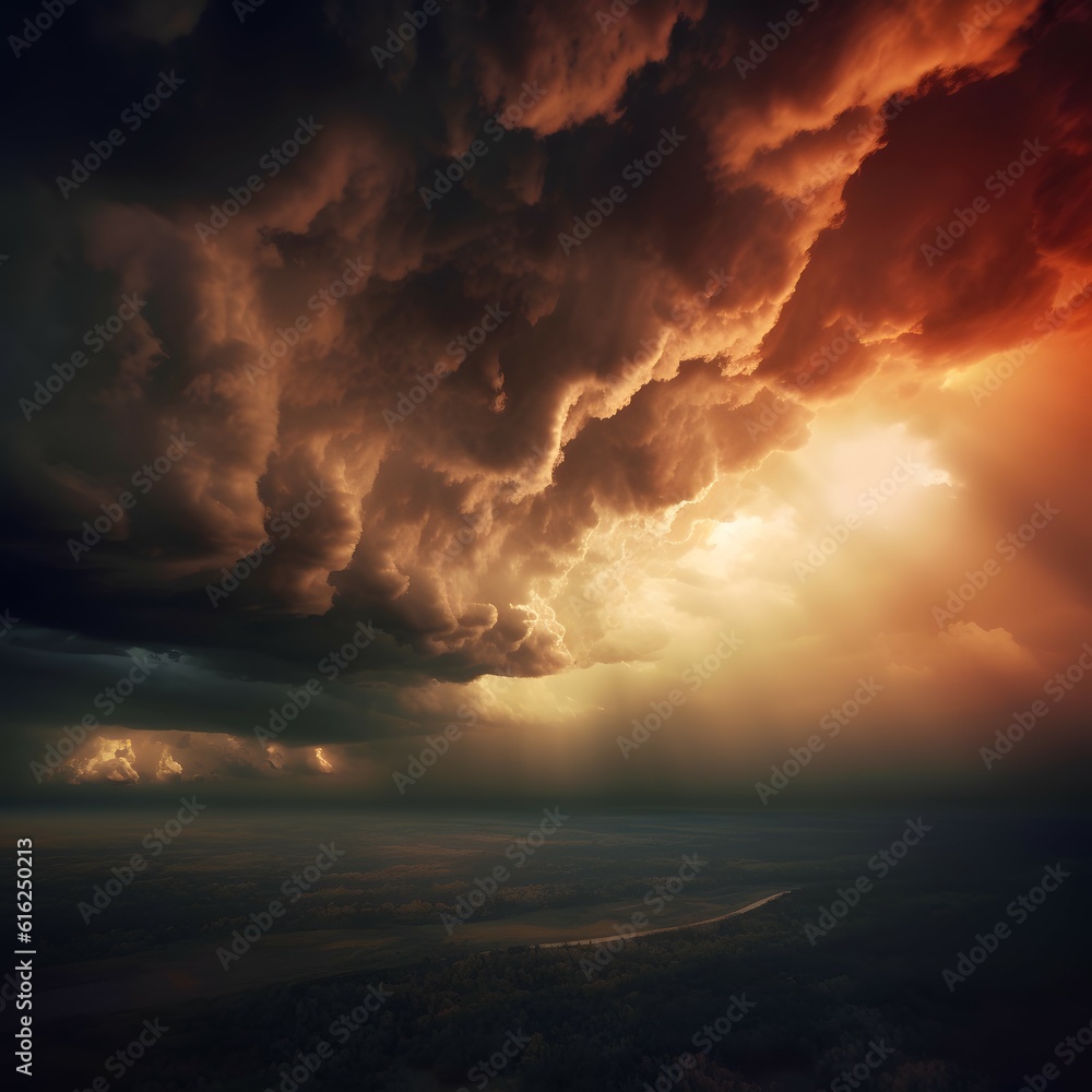 Dramatic scene of thunderstorm huge clouds illuminating the dark sky with generative ai