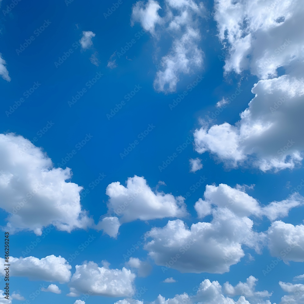 Naklejka premium Blue cloudy sky on a sunny day with clouds scattered througout with generative ai