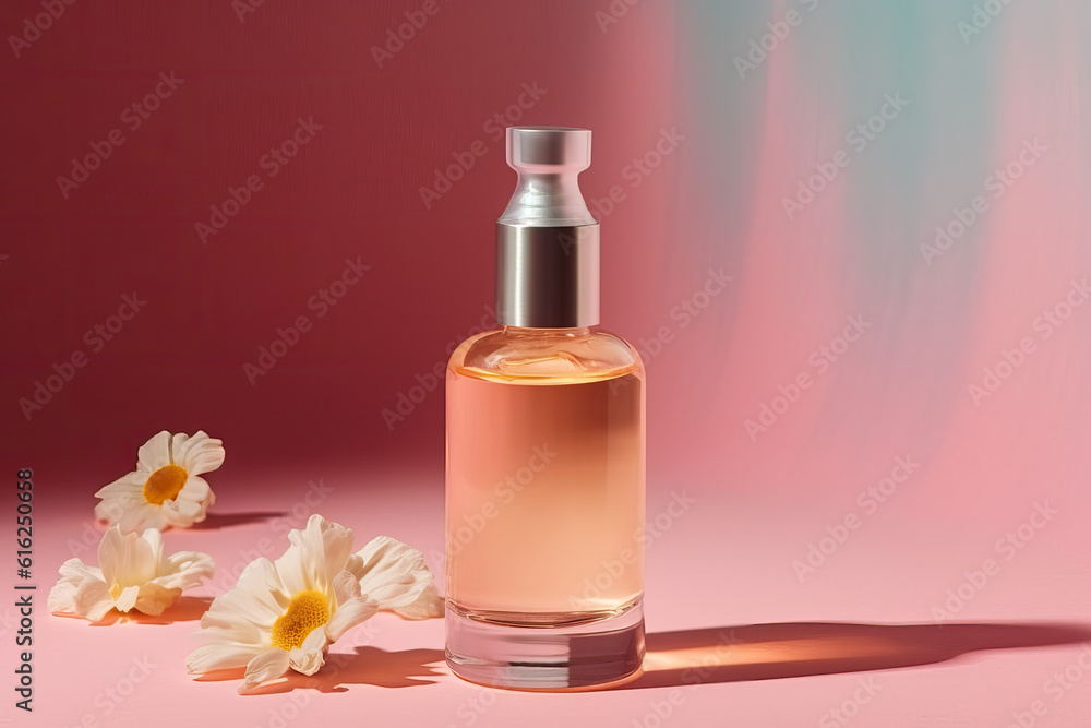 product photography illustration of a cosmetic beauty serum bottle mock up in a whimsical pastel setting with botanical elements - ai generative art product photography illustration of a cosmetic beauty serum bottle mock up in a whimsical pastel setting with botanical elements - ai generative art