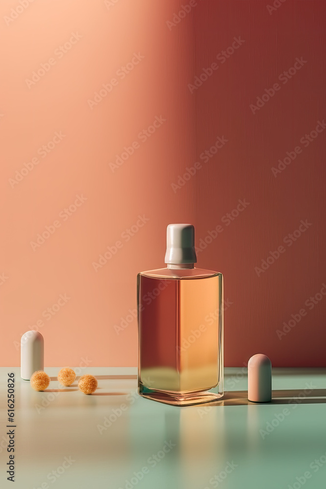product photography illustration of a cosmetic beauty serum bottle mock up in a whimsical pastel setting with botanical elements - ai generative art product photography illustration of a cosmetic beauty serum bottle mock up in a whimsical pastel setting with botanical elements - ai generative art