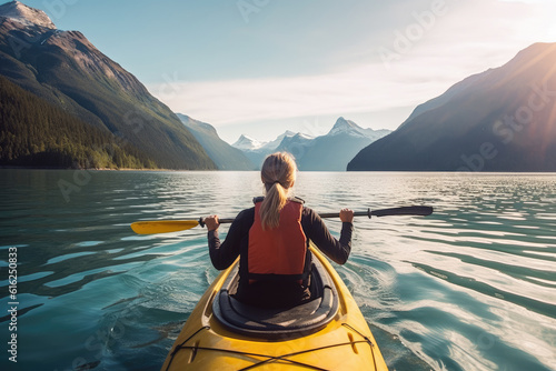 Rear view of woman kayaking at mountain lake. AI Generative © dark_blade
