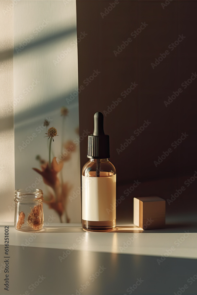 product photography illustration of a cosmetic beauty serum bottle mock up in a whimsical pastel setting with botanical elements - ai generative art product photography illustration of a cosmetic beauty serum bottle mock up in a whimsical pastel setting with botanical elements - ai generative art