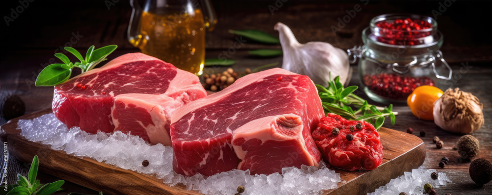 Close up of steak with rosemary and spices on dark rustic background. generative ai Close up of steak with rosemary and spices on dark rustic background. generative ai