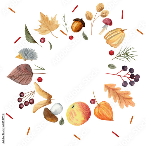 Fototapeta Naklejka Na Ścianę i Meble -  Wreath of autumn falling leaves of oak, maple, berry and mushroom. A set of clipart with cozy paraphernalia of the autumn season. Autumn elements, dried leaves and and berries.