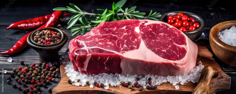 Close up of steak with rosemary and spices on dark rustic background. generative ai Close up of steak with rosemary and spices on dark rustic background. generative ai