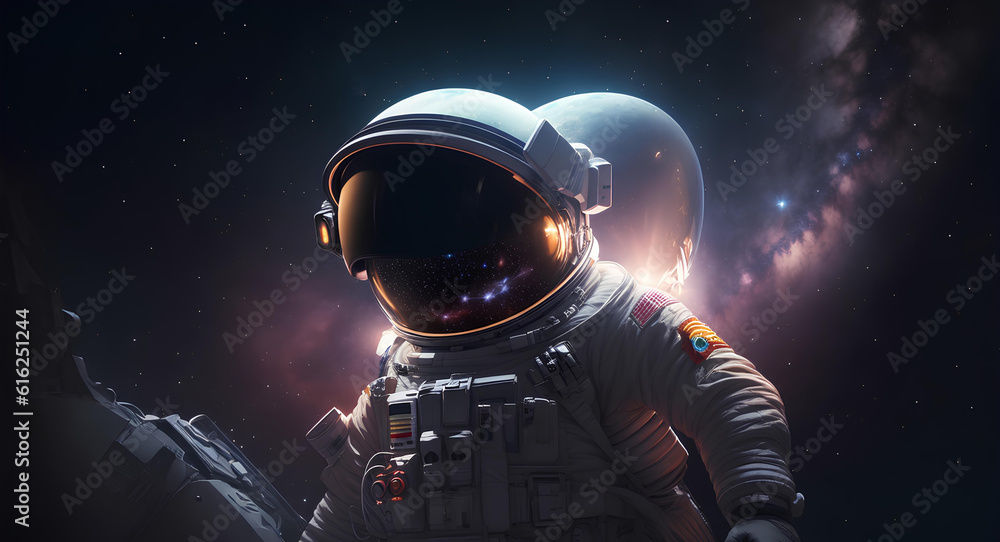Dark background. Astronaut in space. Starry sky and planets. AI Dark background. Astronaut in space. Starry sky and planets. AI