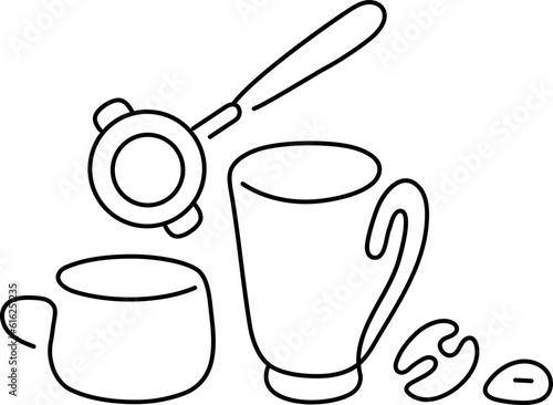 Different cups, coffee maker, drip kettle and aroma beans. Abstract creative line icon
