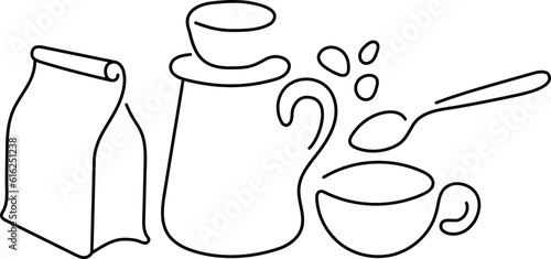 Different cups, coffee maker, drip kettle and aroma beans. Abstract creative line icon