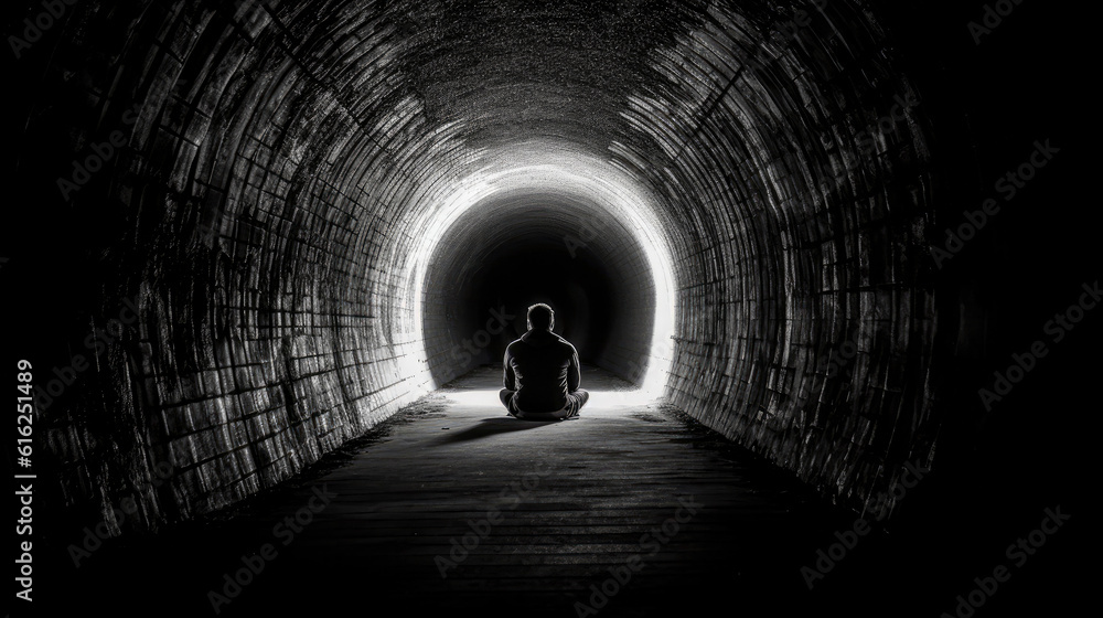 Silhouette of a person in the tunnel who is depressed, anxious, lonely, and upset. Pondering their mental health and future. - obrazy, fototapety, plakaty 