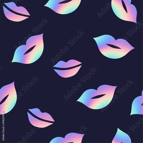 Abstract seamless pattern with holographic lips on a blue background. For fabrics, textiles, bunches, backpacks, wrapping paper, web, fashion, clothes, covers.