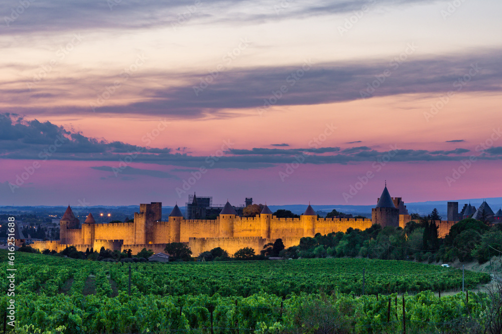 Beautiful sunset of Carcassonne citadel (France)