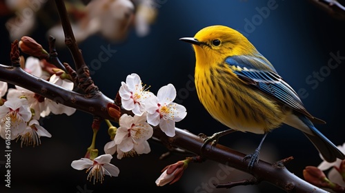 yellow warbler bird sitting on a cherry blossom branch