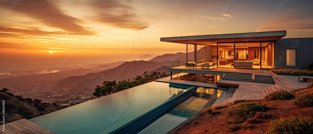 Fototapeta premium Beautiful modern house in the mountains of LA with a beautiful sunset view 