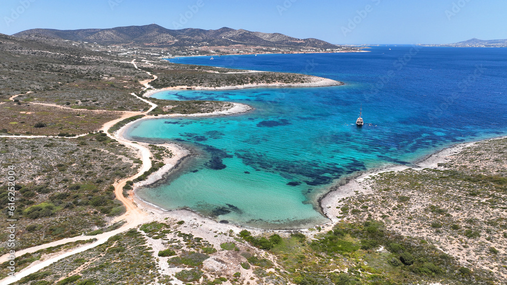Fototapeta premium Aerial drone photo of paradise secluded beaches in Nortern part of Antiparos island with crystal clear sea, Cyclades, Greece
