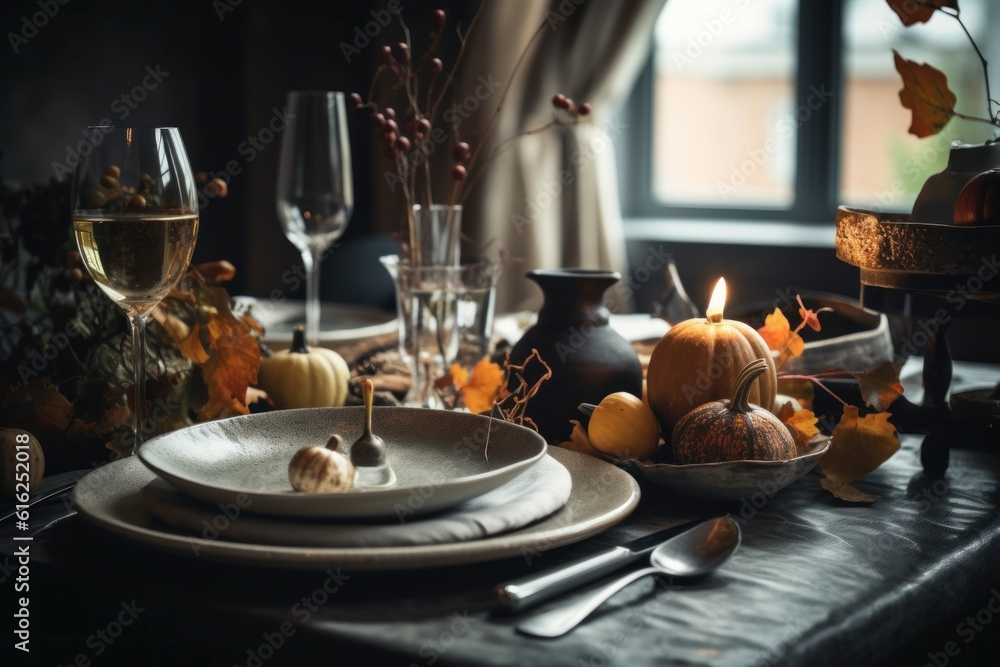 Naklejka premium Autumn dinner thanksgiving meal. Generate Ai