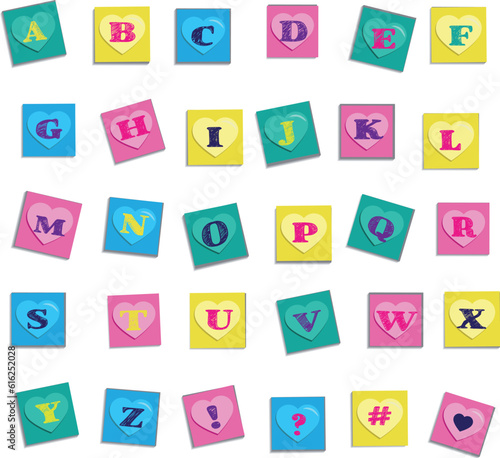 Bright colorful English alphabet isolated on white background. Letters to the heart. Vector.