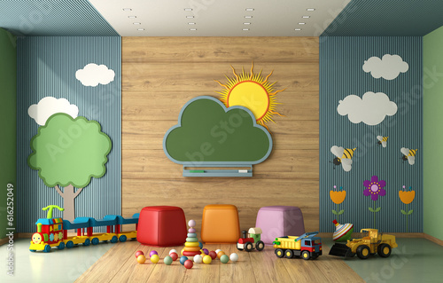 Colorful kindergarten classroom without childs