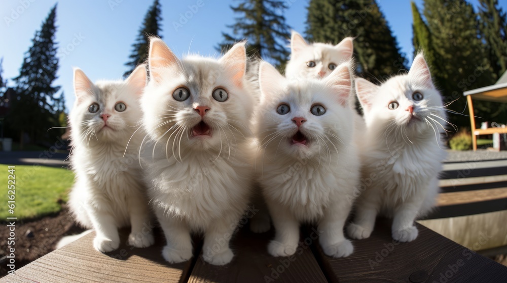 white cats in awe.