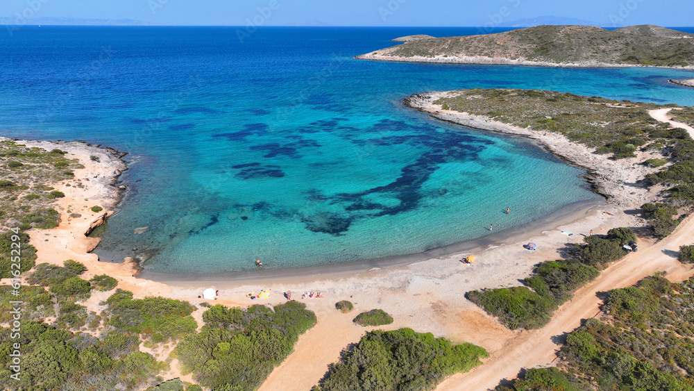 Aerial drone photo of paradise beach of Sostis with crystal clear sea, Antiaparos island, Cyclades, Greece Aerial drone photo of paradise beach of Sostis with crystal clear sea, Antiaparos island, Cyclades, Greece