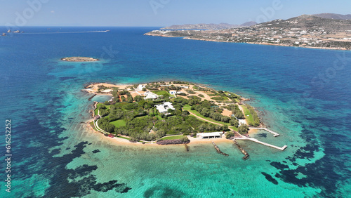 Aerial drone photo of small tropical islet of Revmatonisi near main village and port Antiaparos island, Cyclades, Greece photo