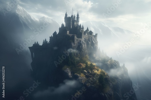 Castle medieval mountain fog. Generate Ai photo
