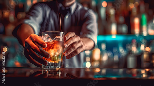 Close-up of hands of a bartender in a bar serving a spectacular and tasty cocktail.
