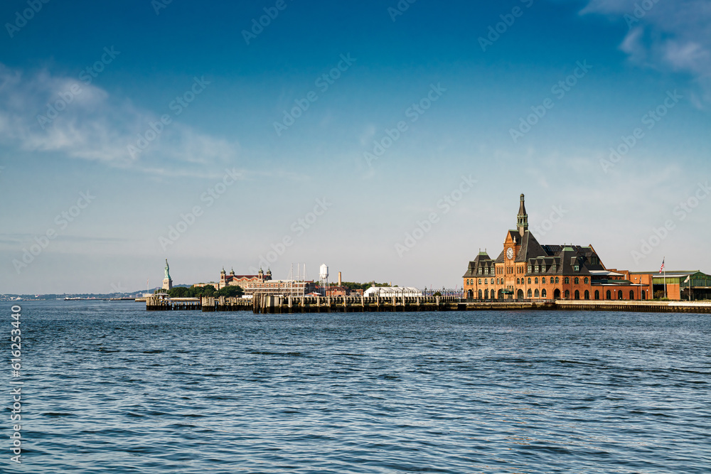 View of Central Railroad of New Jersey Terminal and Statue of Liberty