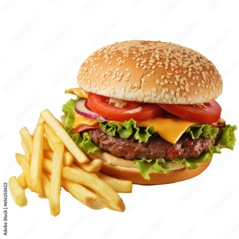 Deluxe Burger and French Fries Isolated on Transparent Background, American Meal Food Illustration Deluxe Burger and French Fries Isolated on Transparent Background, American Meal Food Illustration