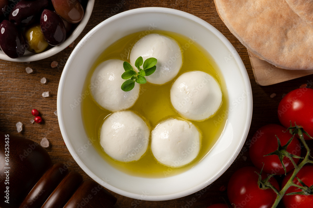 Labneh - yogurt balls with olive oil. Top view. Labneh - yogurt balls with olive oil. Top view.